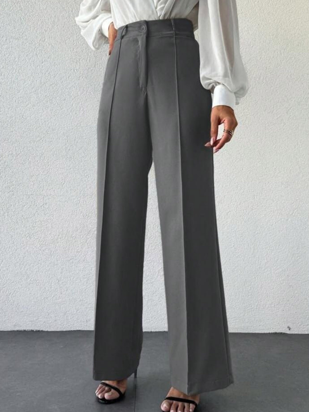 

Next One Women Smart Straight Fit High-Rise Easy Wash Pleated Trousers, Grey
