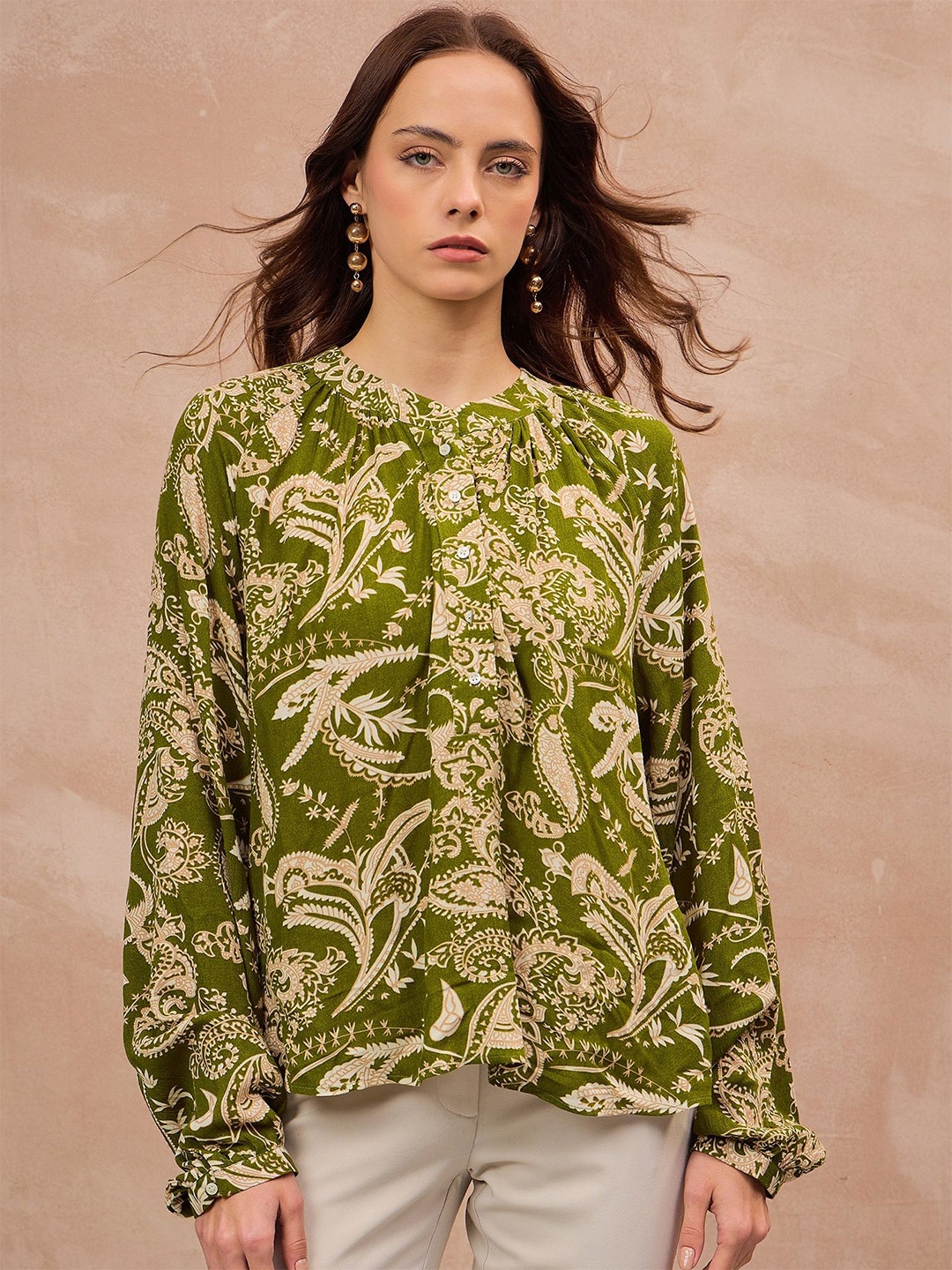 

all about you Tropical Print Mandarin Collar Top, Olive