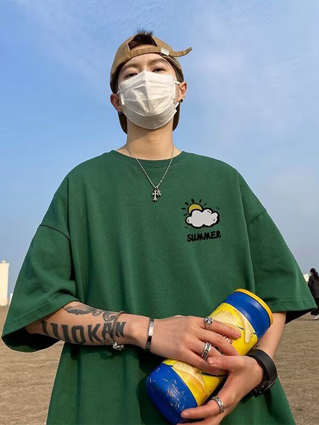 

HERE&NOW Men Graphic Printed Round Neck Cotton Oversized T-shirt, Green