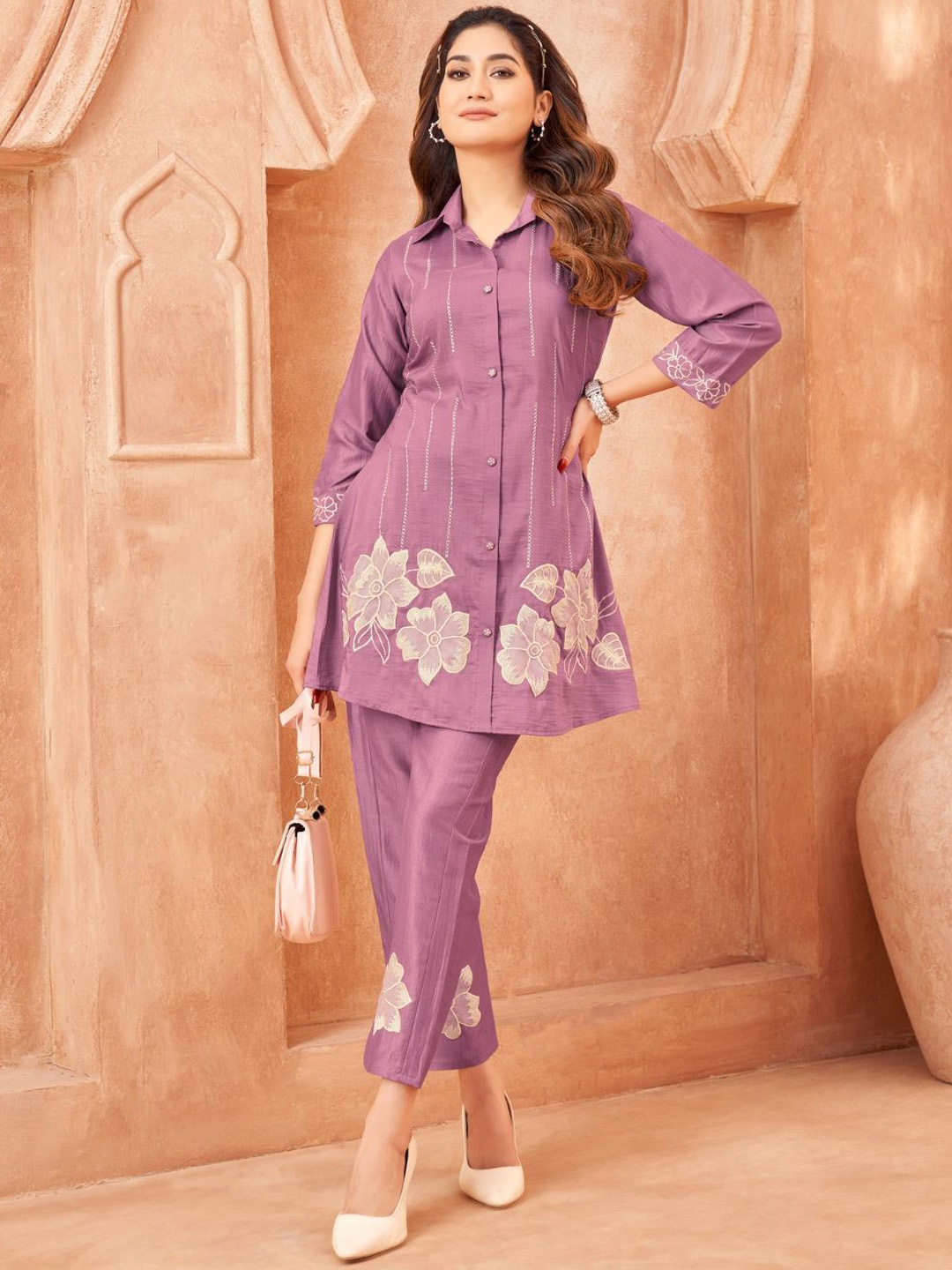 

Kaftanize Embroidered Shirt Collar Chinon Co-Ords Set with Bold Floral Patchwork, Lavender