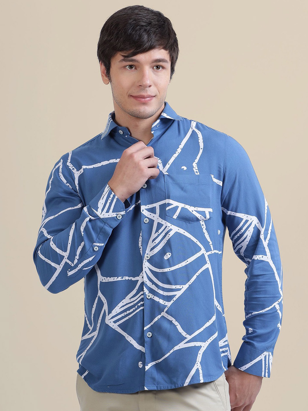 

AMSWAN Men Spread Collar Abstract Printed Casual Shirt, Blue