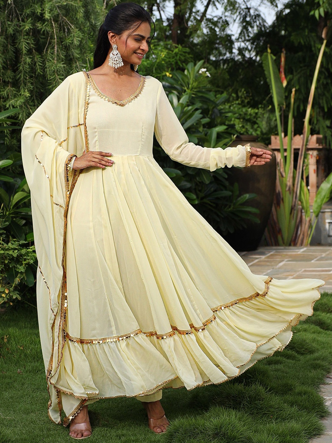 

ASHEERA Empire V-Neck Gotta Patti Georgette Anarkali Kurta With Trousers & Dupatta, Cream