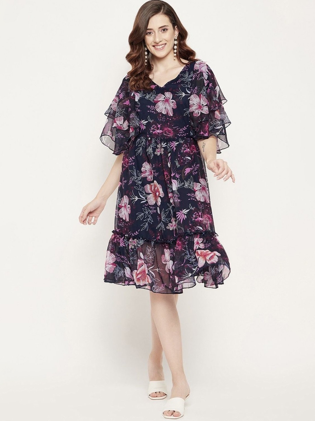 

Louis Bayrad Women Floral Printed V-Neck Flared Sleeves Fit & Flare Dress, Black