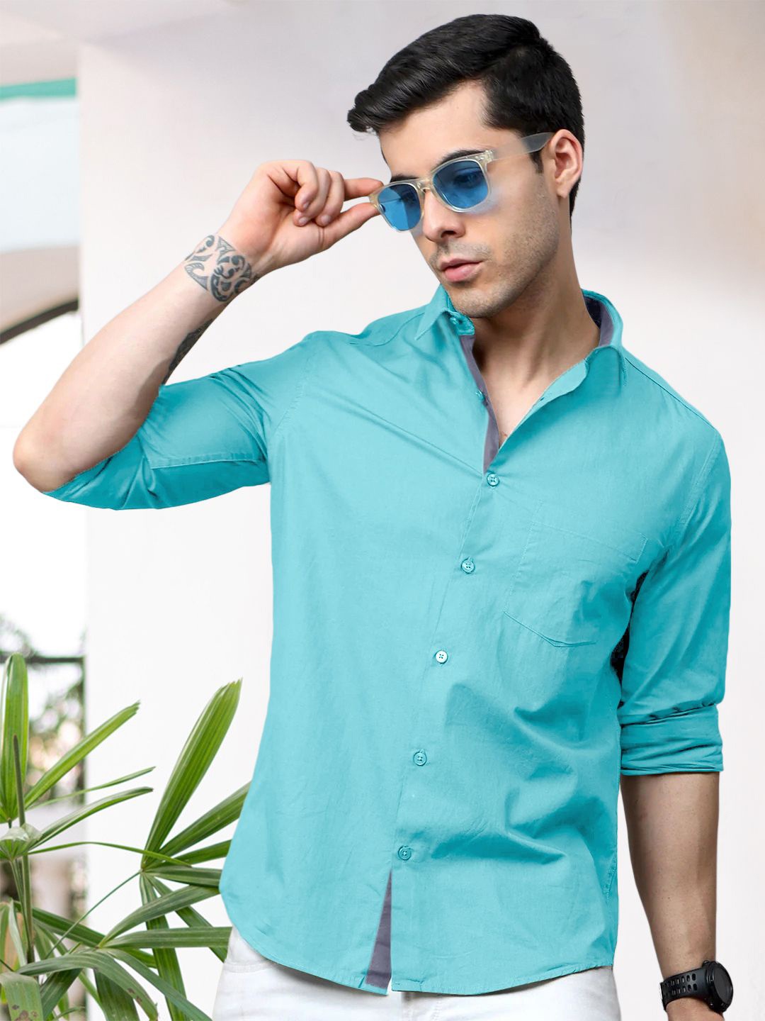 

Moda Rapido Men Standard Fit Spread Collar Solid Cotton Casual Shirt, Turquoise blue