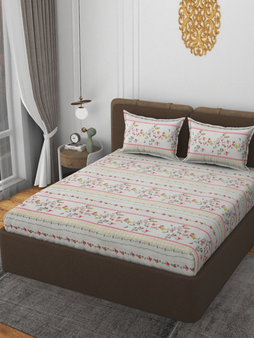 

VOMZER White & Pink Floral Printed Cotton 210TC Fitted Queen Bedsheet Set- 1.98m x 1.53m