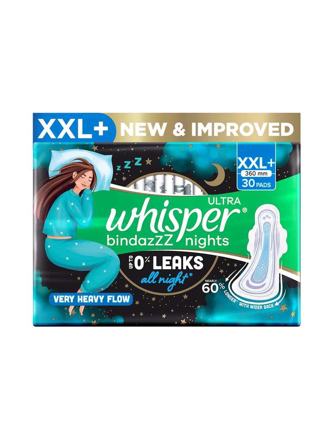 

Whisper Bindazzz Nights XXL+ Sanitary Pads with Upto 0% Leaks All Night Long - 30 Pads, Black