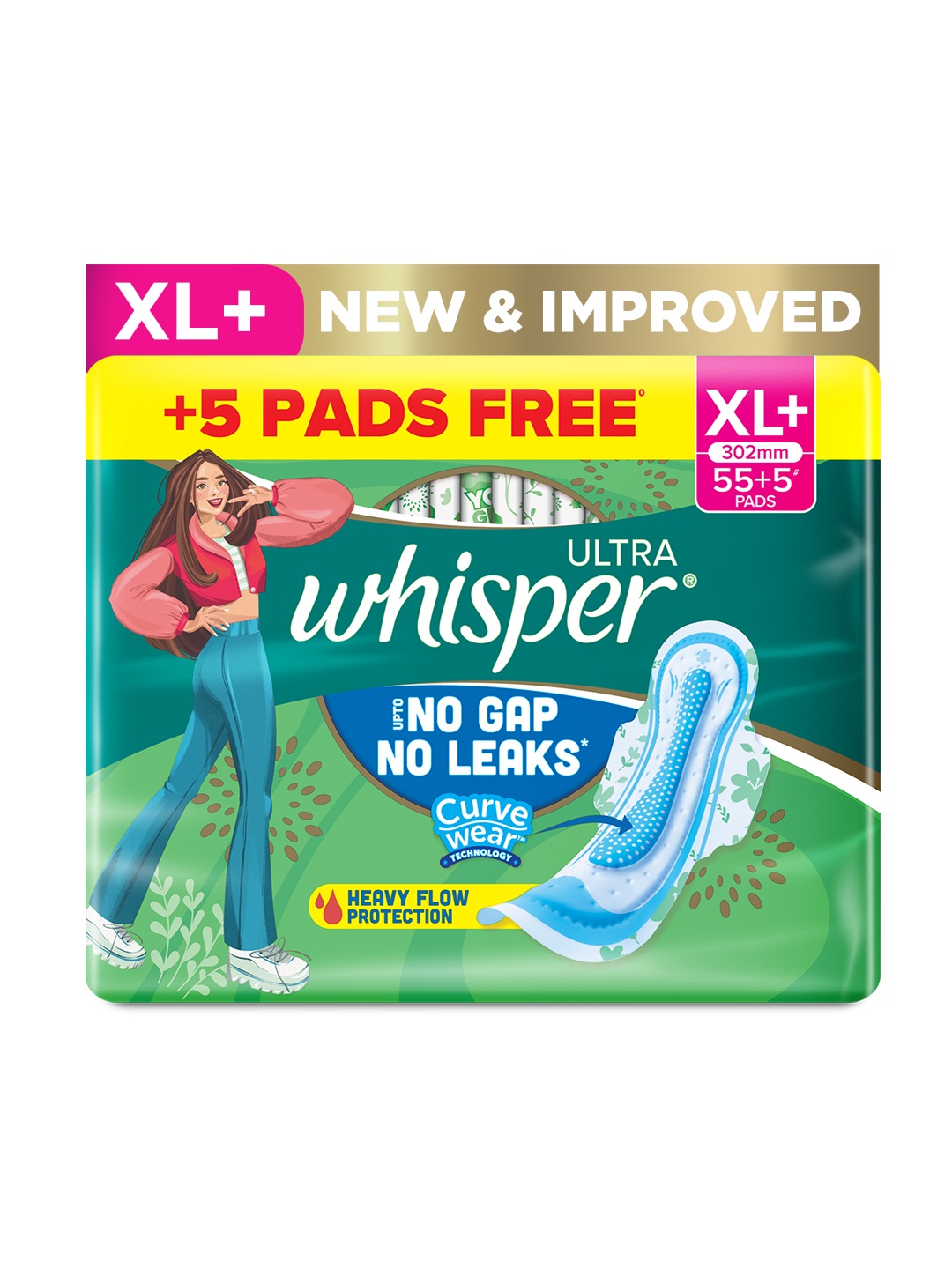 

Whisper Ultra Upto No Gap No Leaks Sanitary Pads for Heavy Flow Protection - 60 XL+ Pads, Green