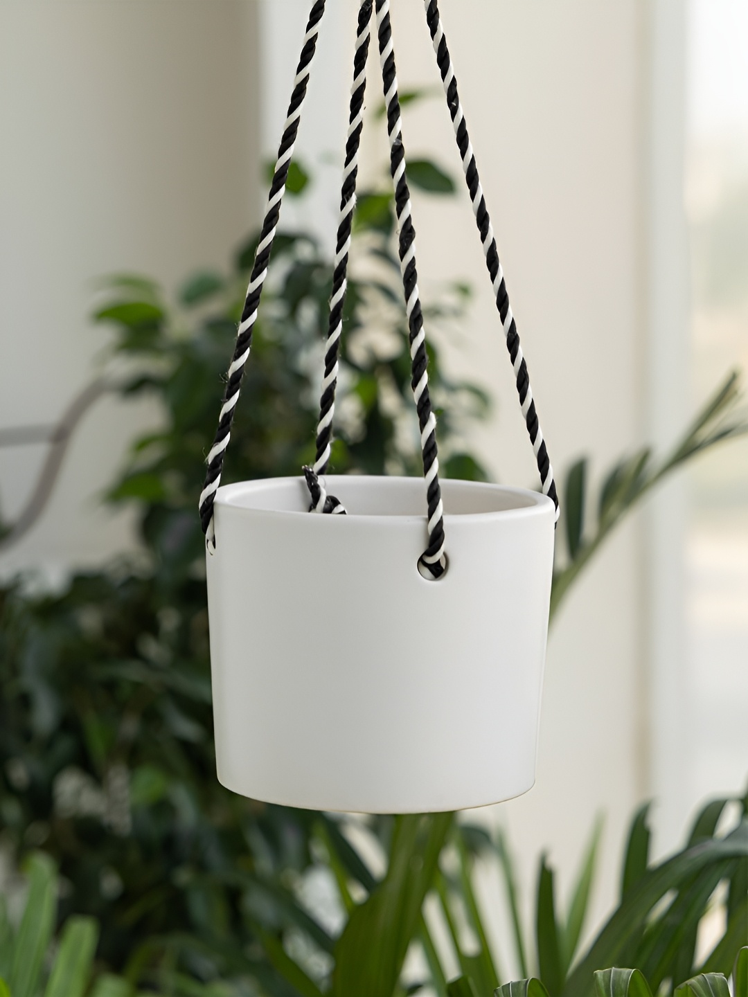 

Claymistry White & Black Ceramic Hanging Planter With Rope