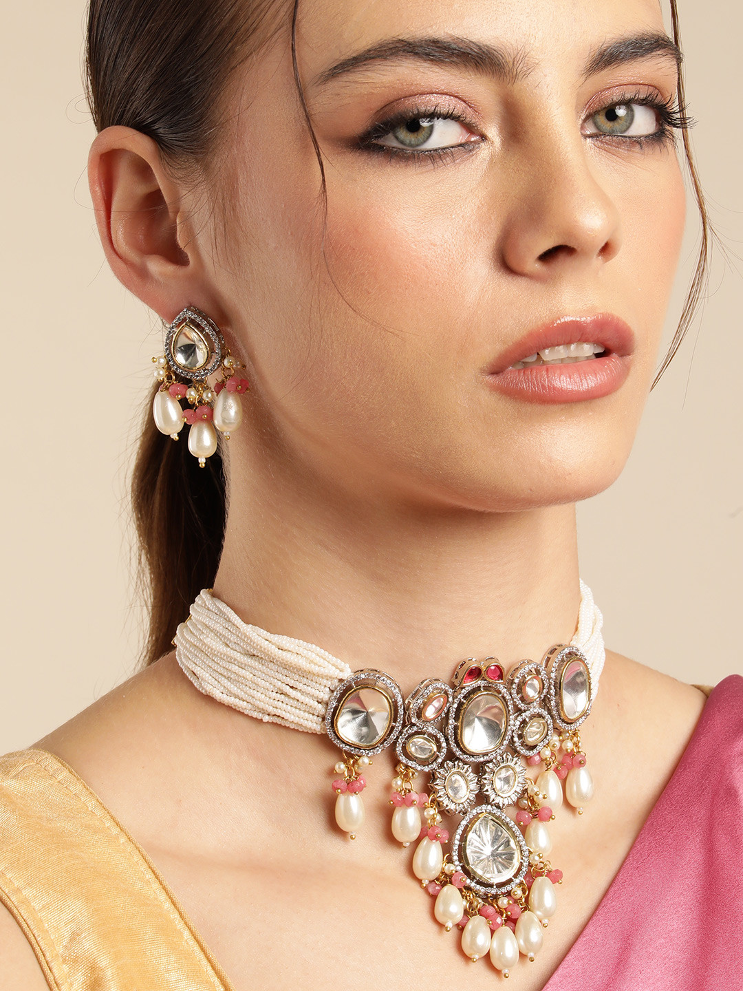 

Anouk Gold Plated Beaded AD Stone Studded Choker Necklace & Earring Set, Pink