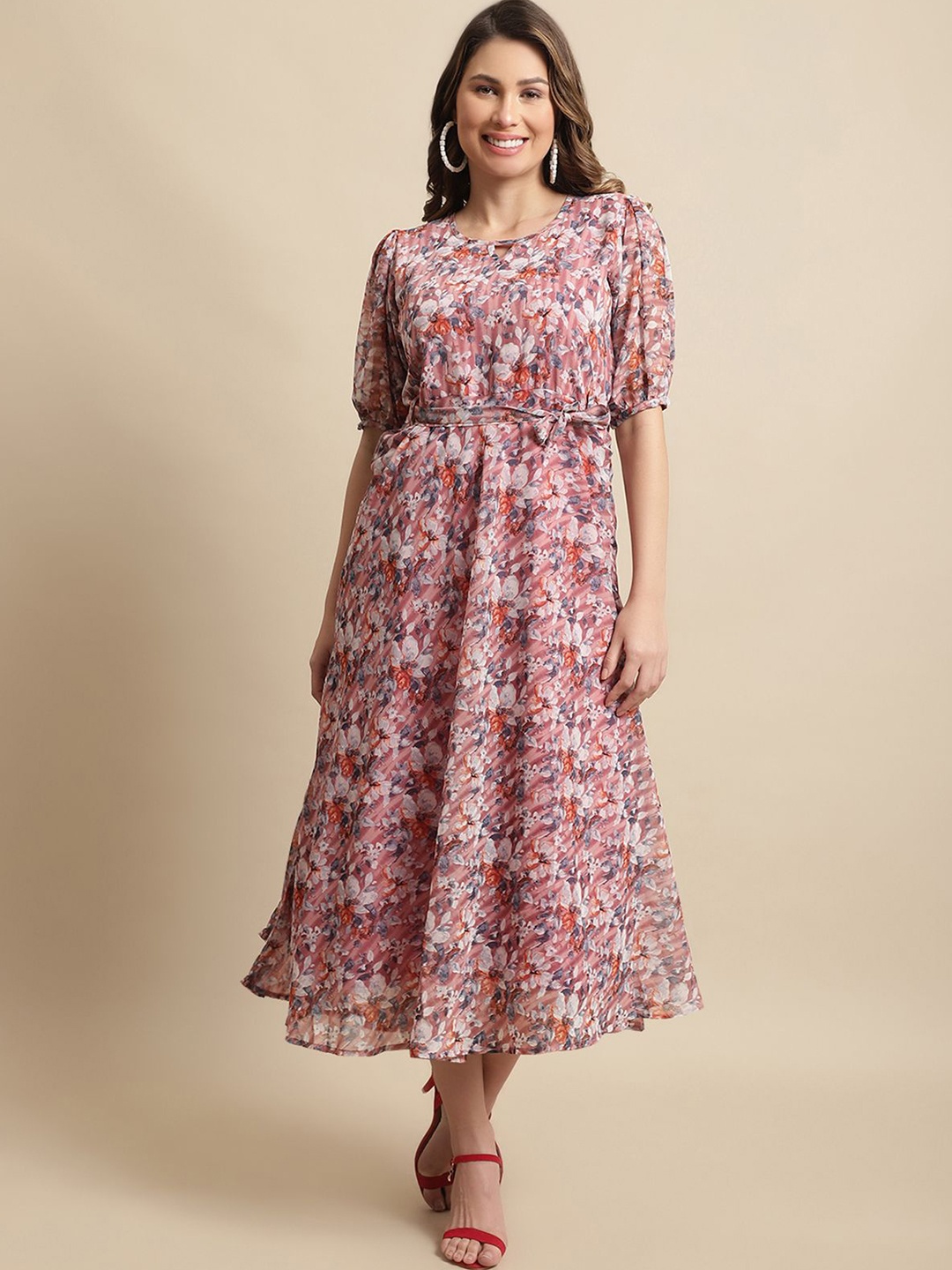 

Metronaut Floral Print Puff Sleeve Applique Georgette Fit & Flare Midi Dress, Purple