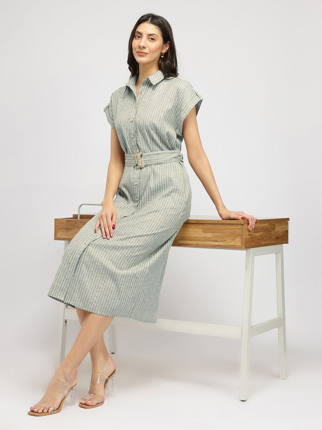 

FableStreet Women Cotton Blend Shirt Dress, Olive