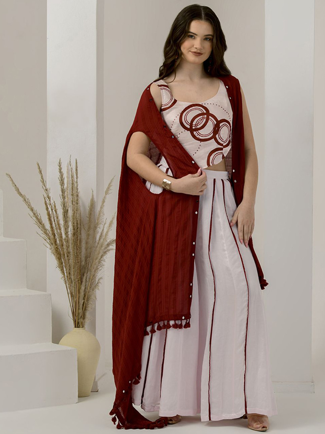 

First Resort by Ramola Bachchan Momoir Geometric Printed Linen Top And Palazzo With Shrug, Pink