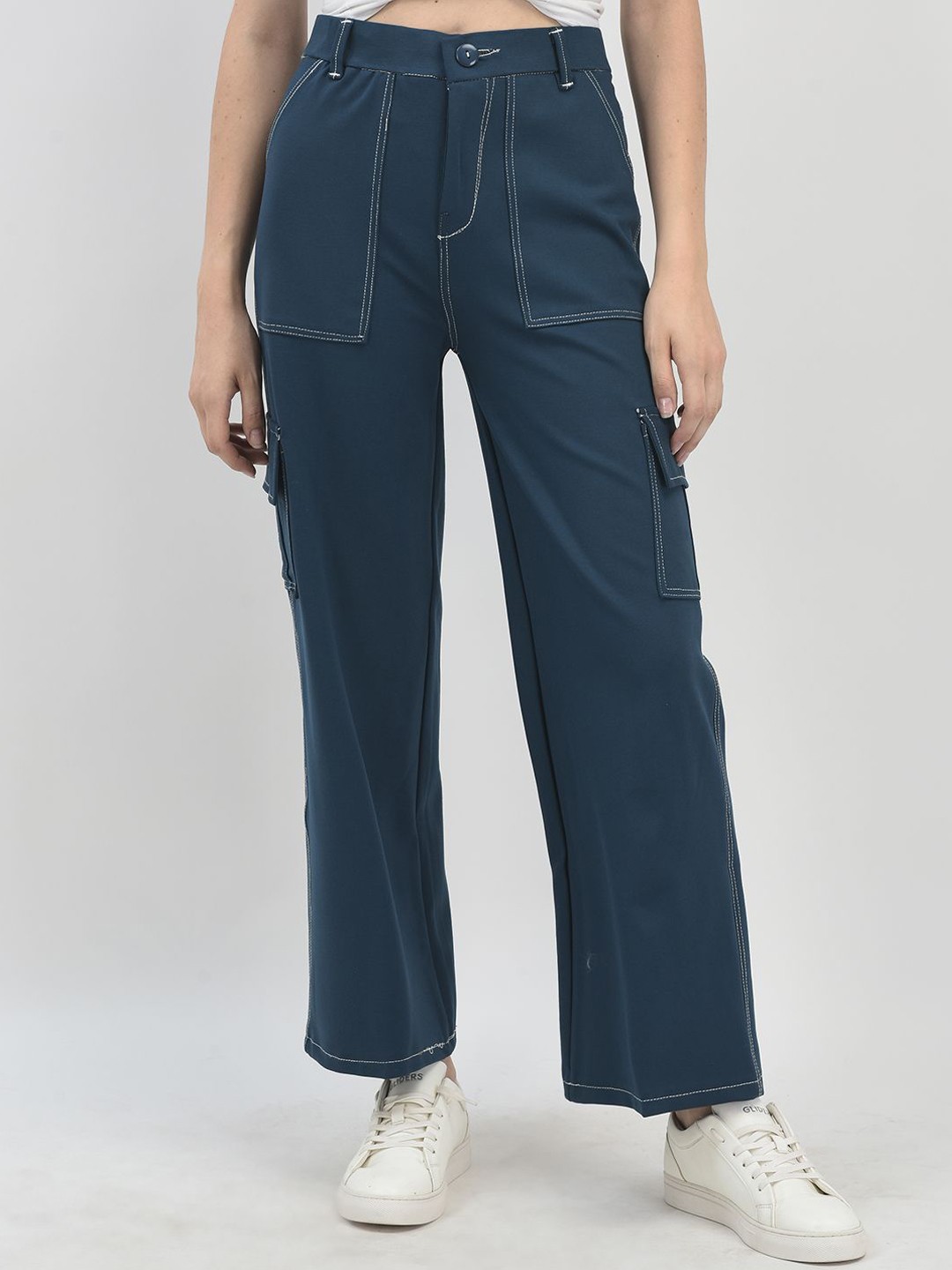 

FNOCKS Women Organic Cotton Relaxed Straight Leg High-Rise Cargo Trouser, Blue