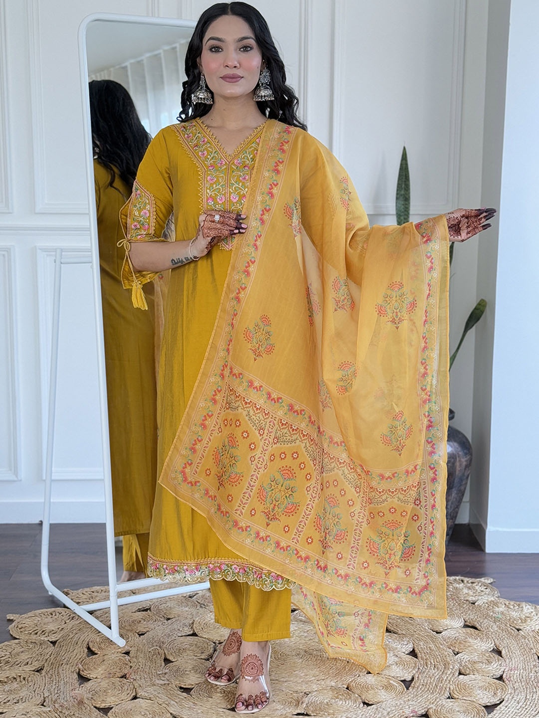 

KALINI Floral Embroidered V-Neck Chanderi Silk Straight Kurta With Trousers & Dupatta, Mustard