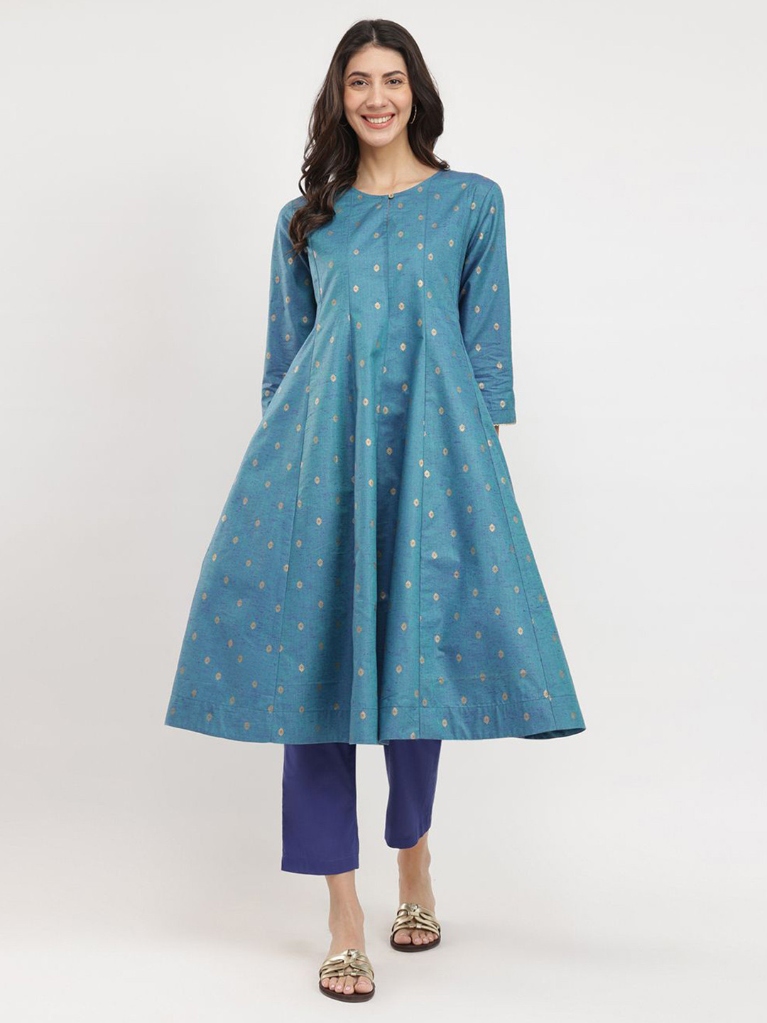

Pink Fort Women Geometric Printed Panelled Pure Cotton Anarkali Kurta with Trouser, Blue