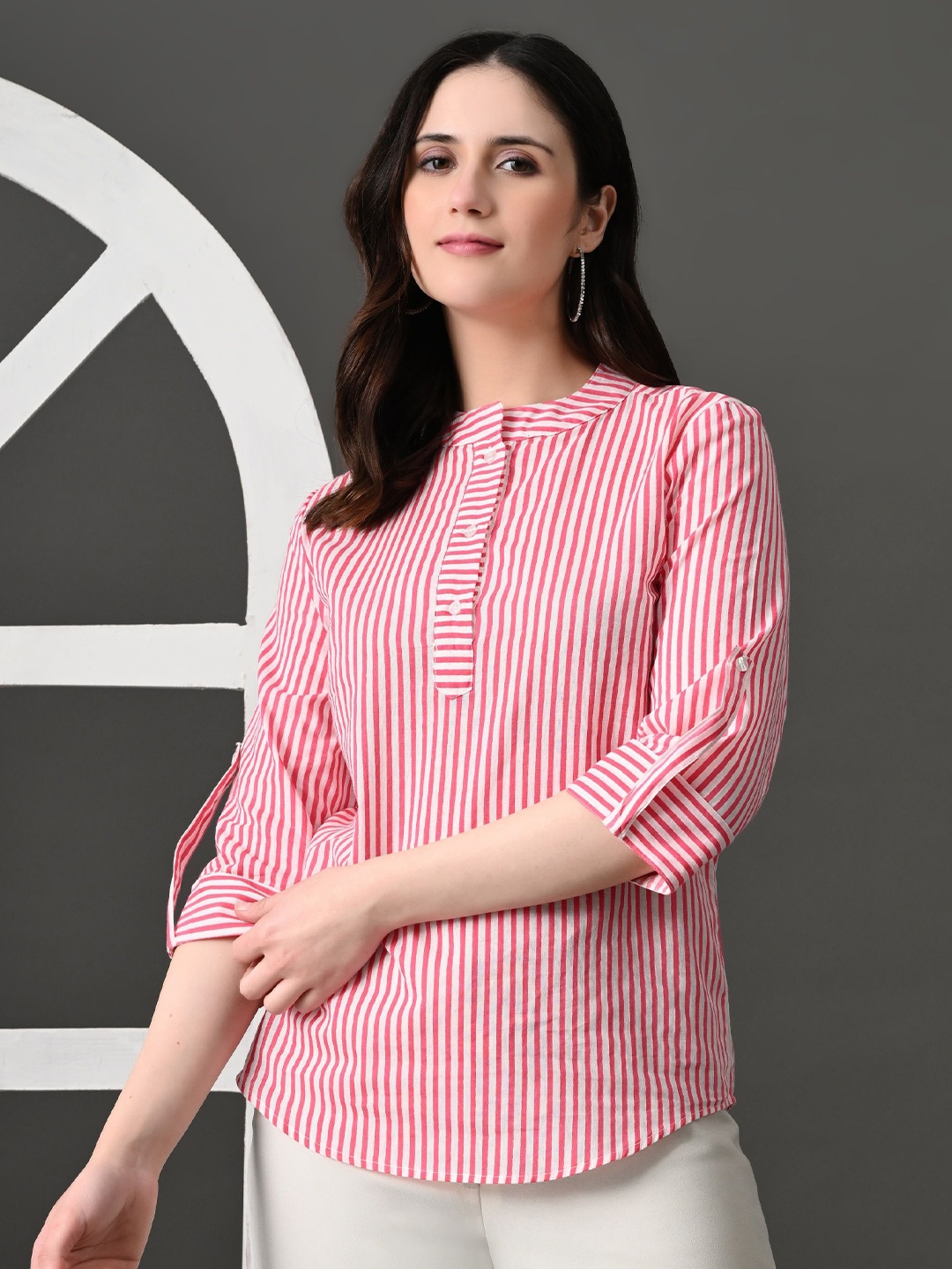 

HERE&NOW Women Vertical Striped Mandarin Collar CottonShirt Style Top, Pink