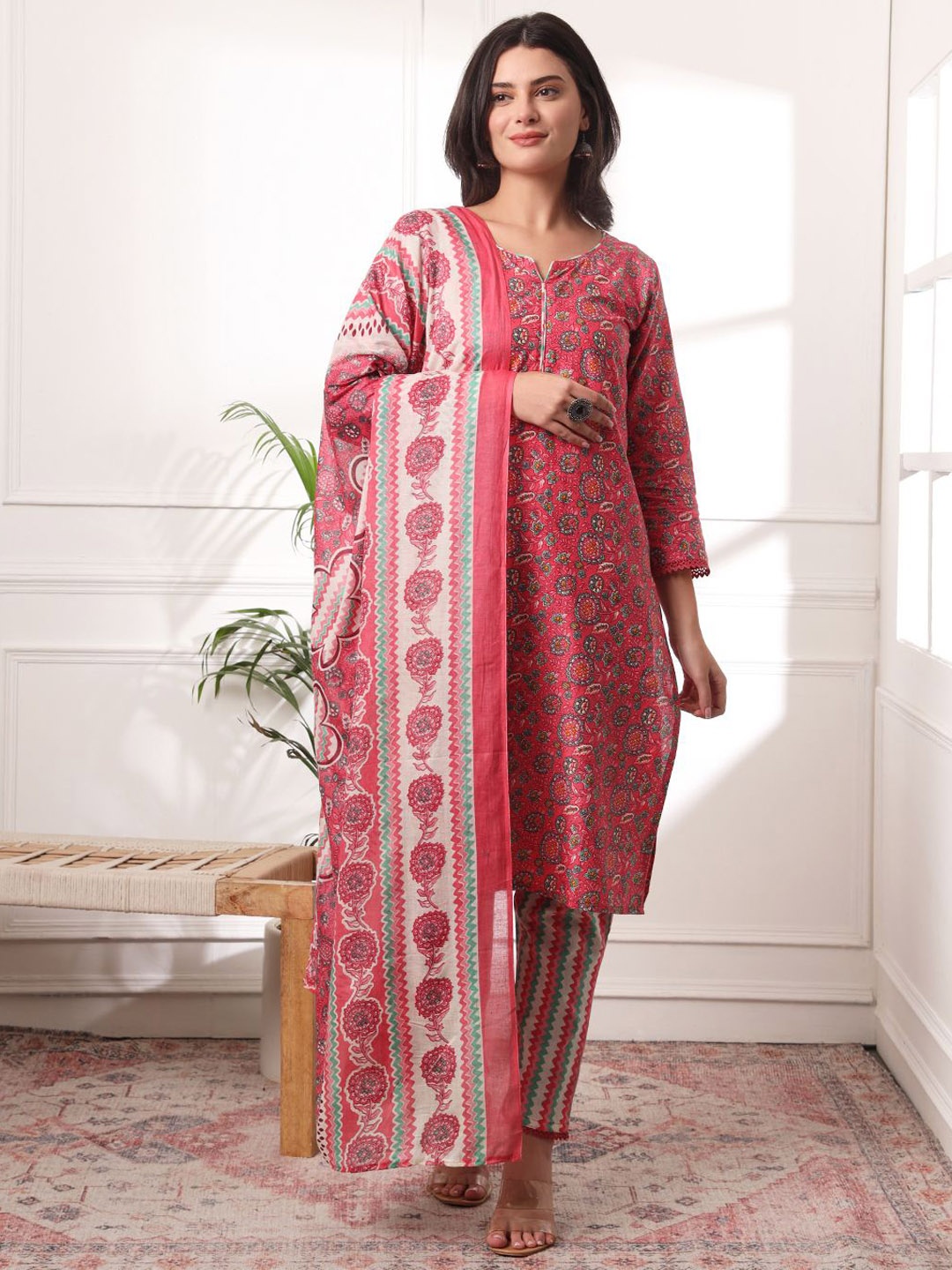 

KALINI Floral Printed Pure Cotton Notch Neck Straight Kurta With Trousers And Dupatta, Pink