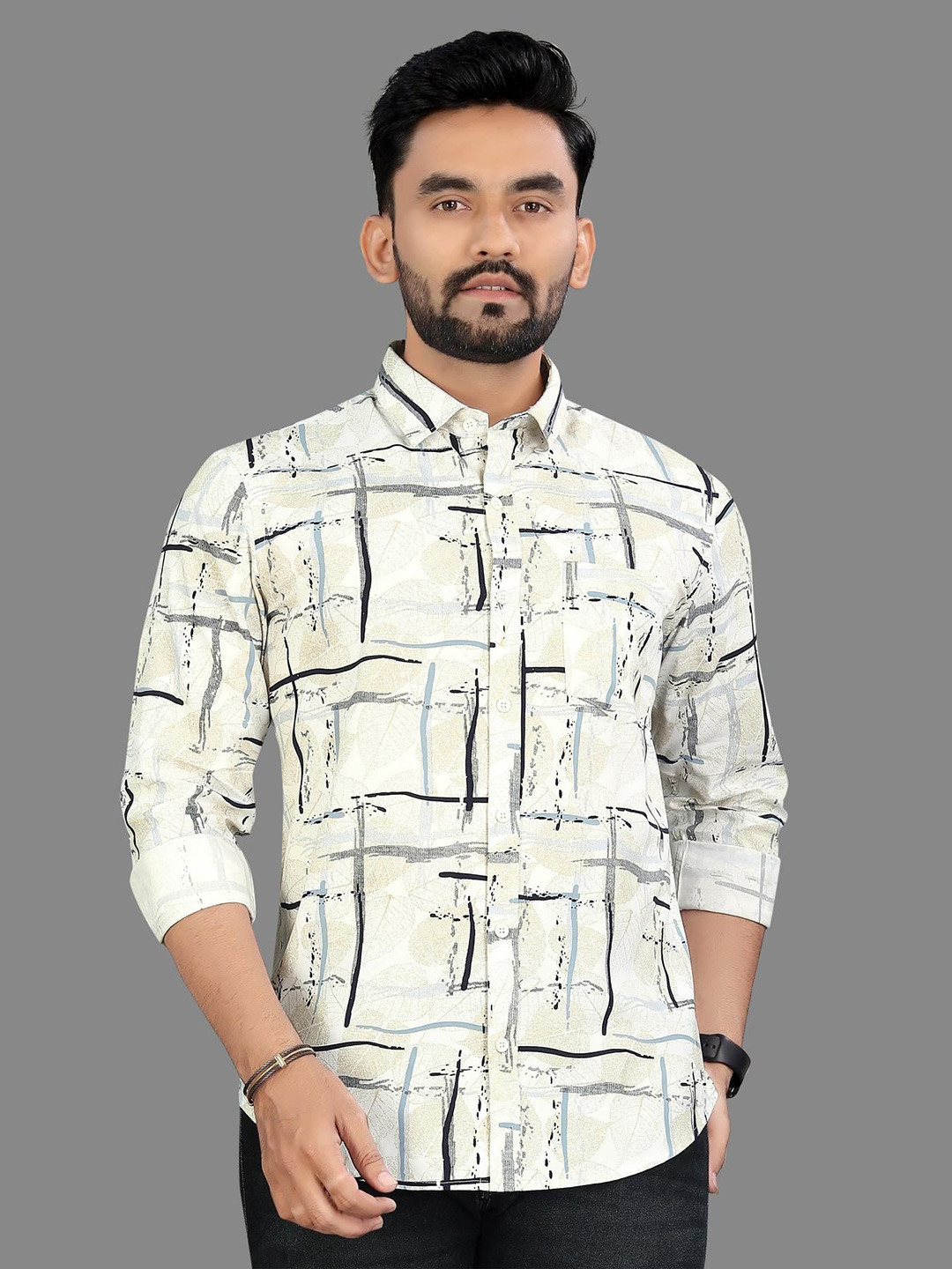 

Metronaut Men Classic Fit Spread Collar Abstract Printed Cotton Casual Shirt, White
