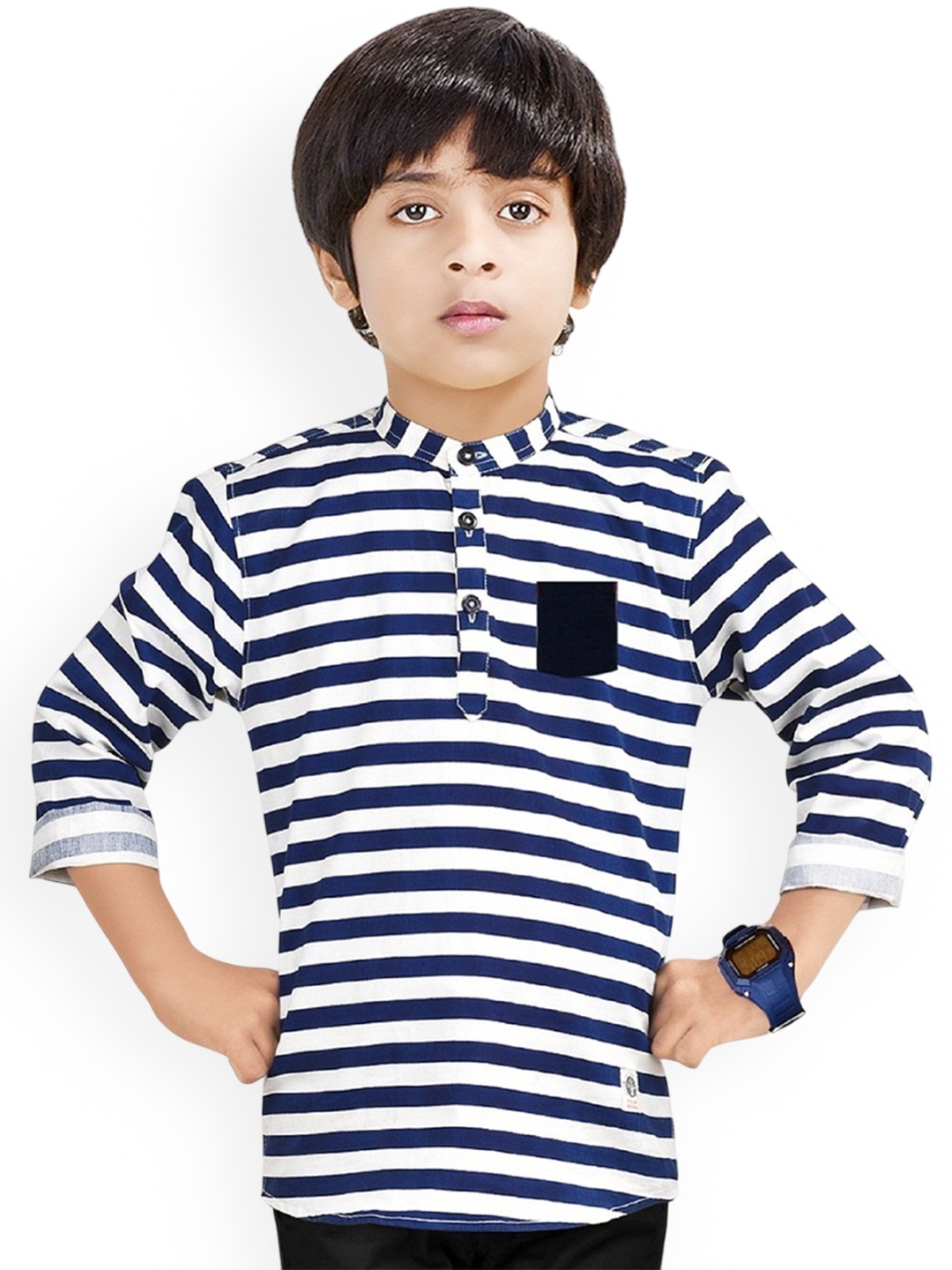

MADE IN THE SHADE Boys Striped Band Collar Pure Cotton Short Kurta, Navy blue