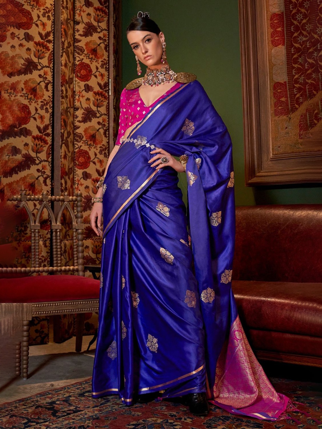 

PEENGAX Woven Design Zari Satin Banarasi Saree, Blue