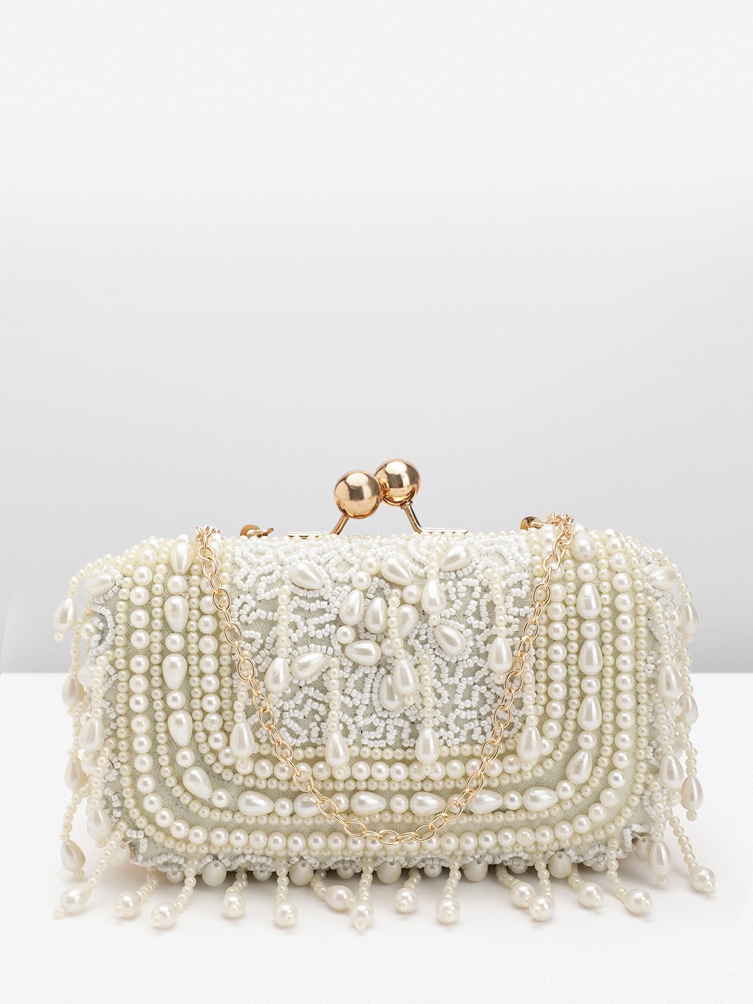 

FABBHUE Beads Embellished & Embroidered Box Clutch, Off white