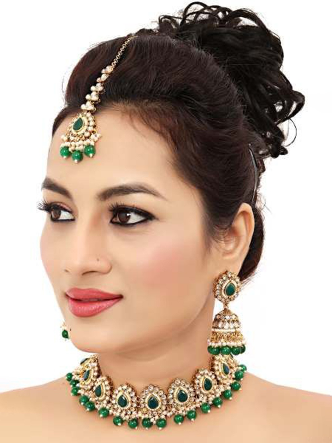 

YANSHIKA Gold-Plated Kundan Studded & Beaded Jewellery Set With Maang Tika