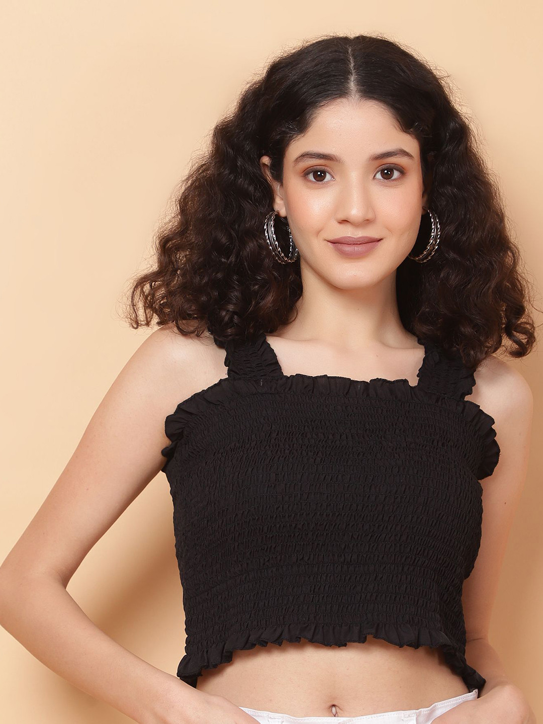 

ROSEMELON Women Textured Square Neck Fitted Top, Black