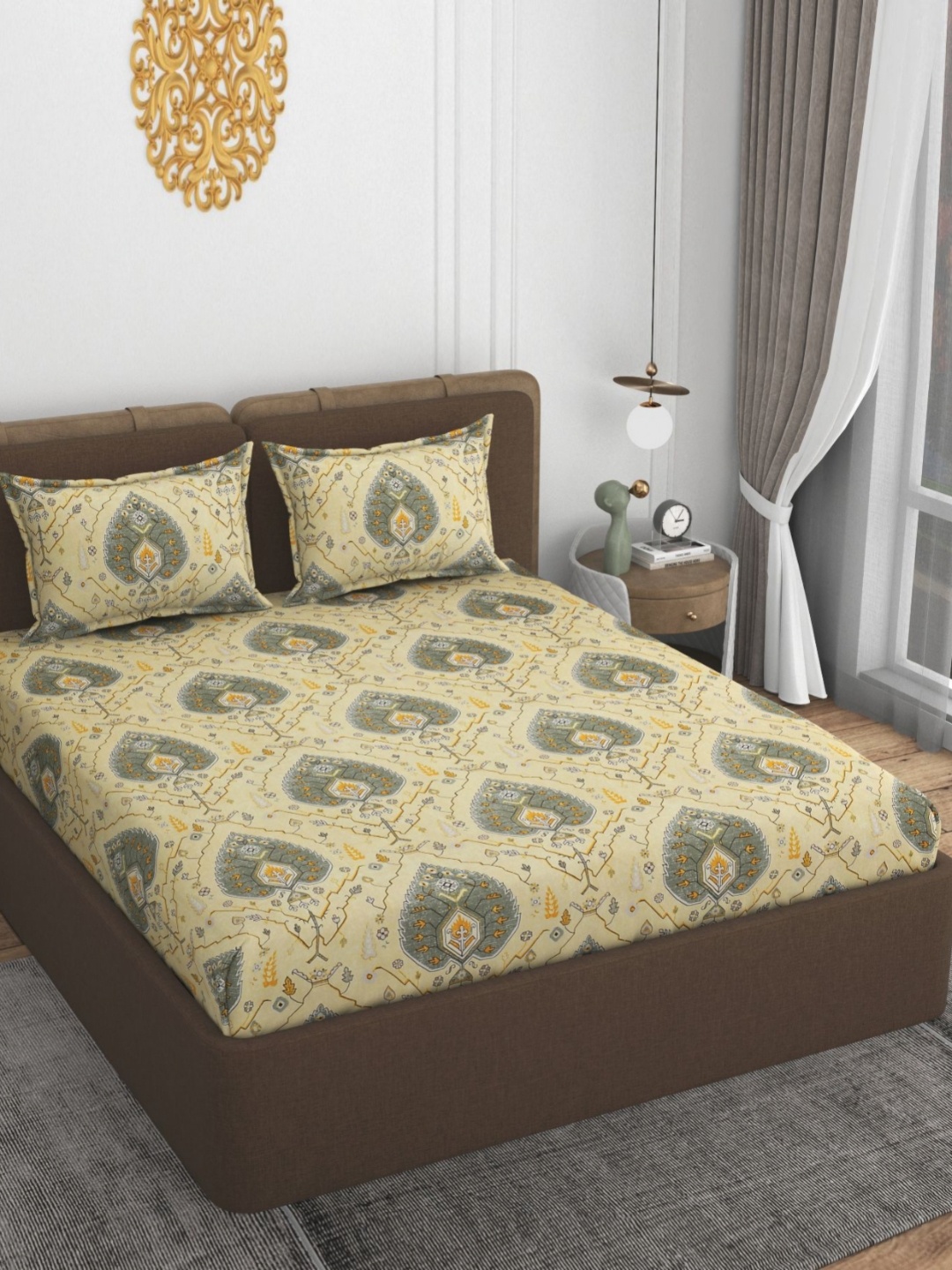 

VOMZER Yellow & Grey Motifs Printed Cotton 210TC Fitted Queen Bedsheet Set- 1.98m x 1.53m