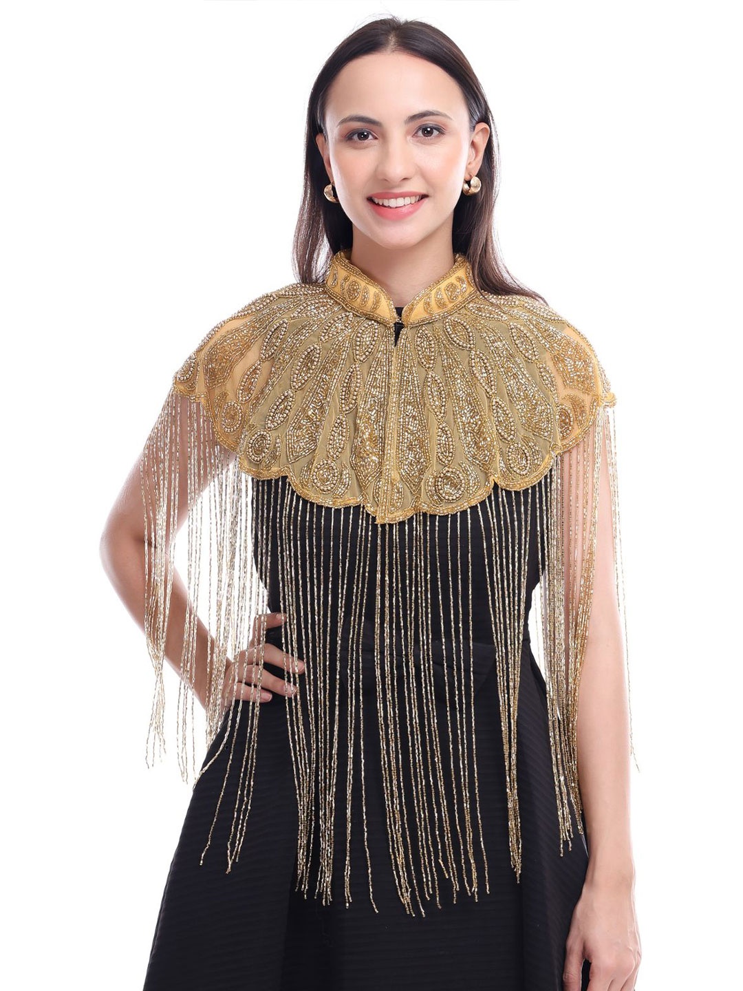 

JAITRA APPARELS Mandarin Collar Net Top, Gold