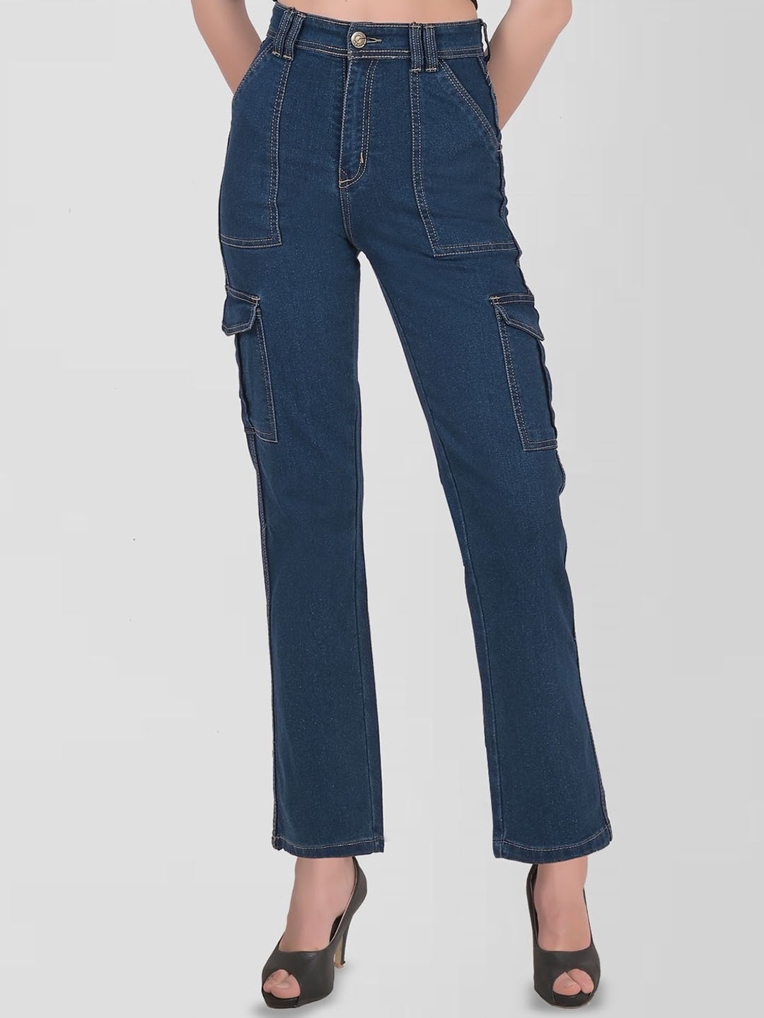 

CEFALU Women Regular Fit High-Rise Cotton Cargos Jeans, Navy blue