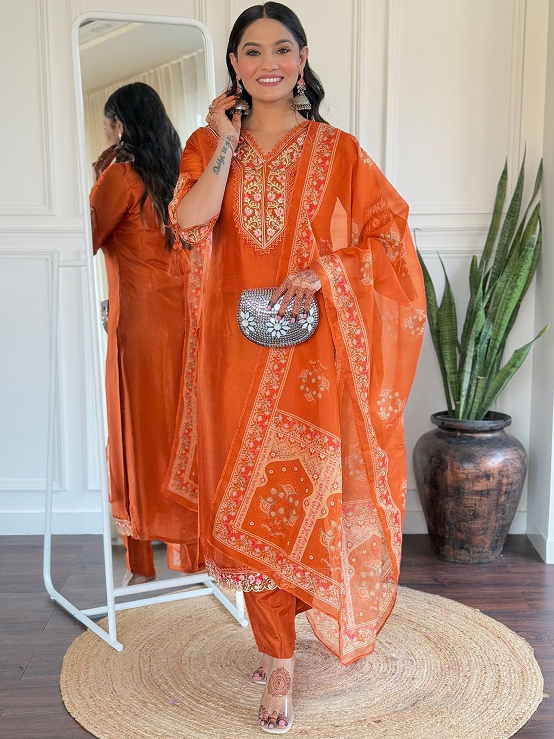 

THE52 Women Floral Yoke Design Regular Thread Work Kurta with Trousers & With Dupatta, Orange