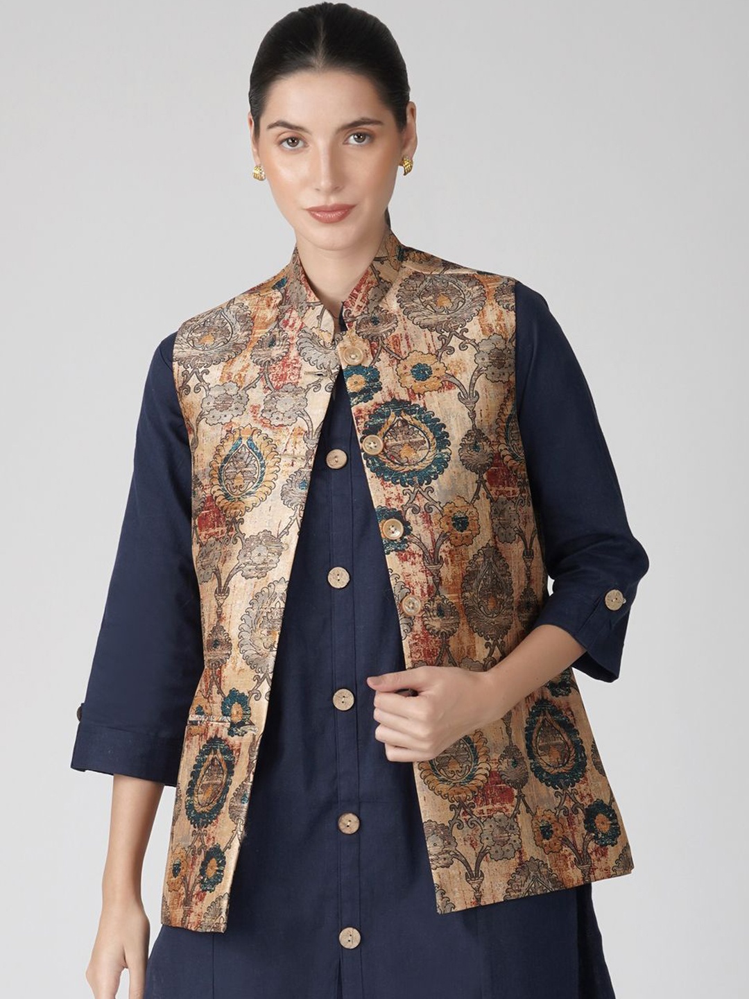 

KALINI Floral Women Printed Nehru Jacket, Brown