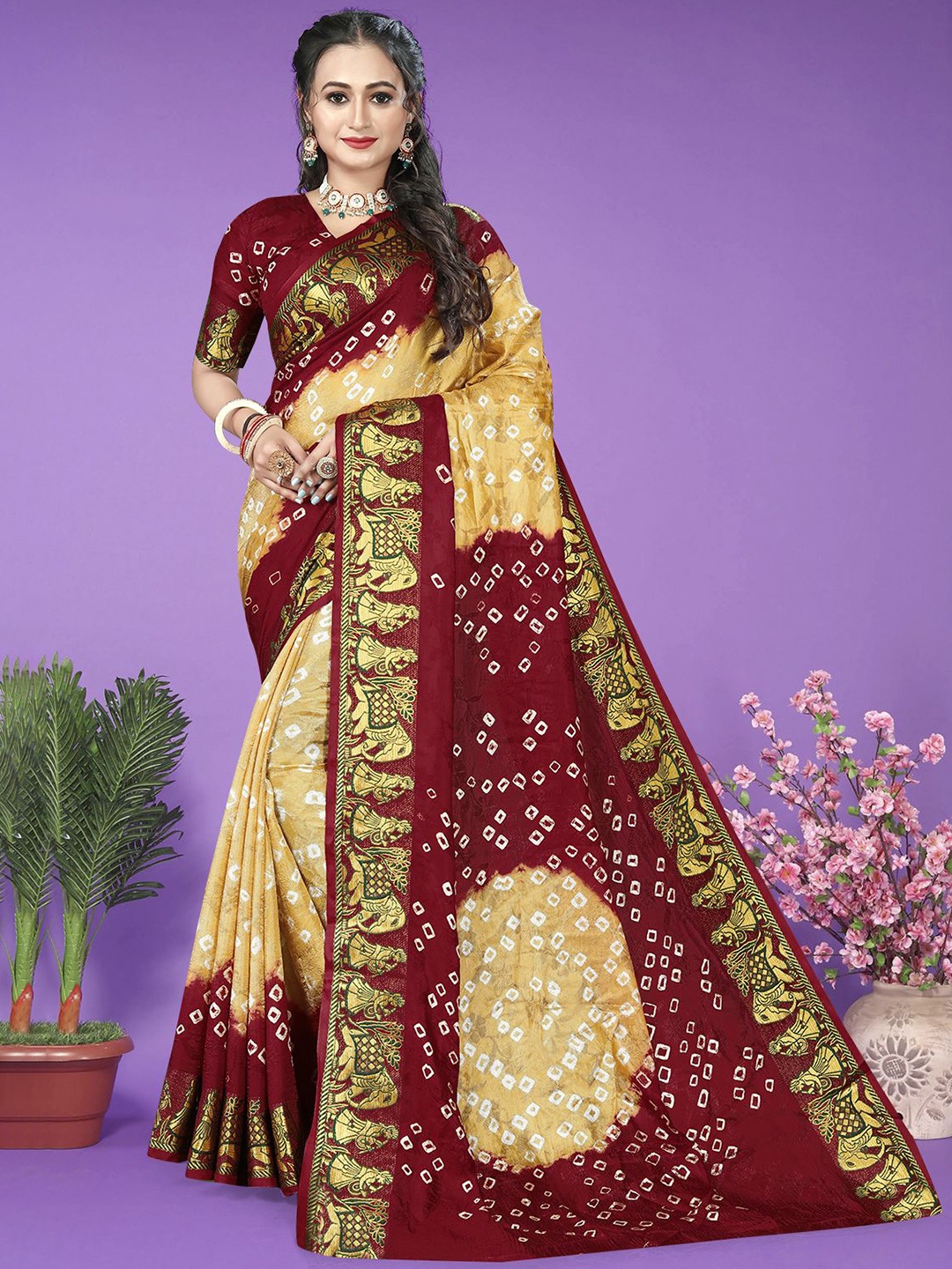 

Bandhanivilla Bandhani Zari Art Silk Bandhani Saree, Cream