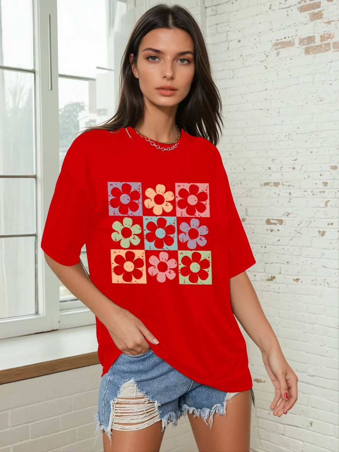 

CORSICA Women Floral Printed Round Neck Oversized T-shirt, Red