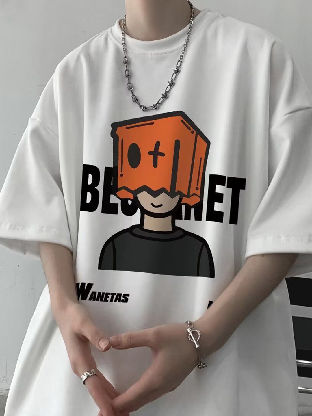 

HERE&NOW Men Graphic Printed Round Neck Cotton Oversized T-shirt, White