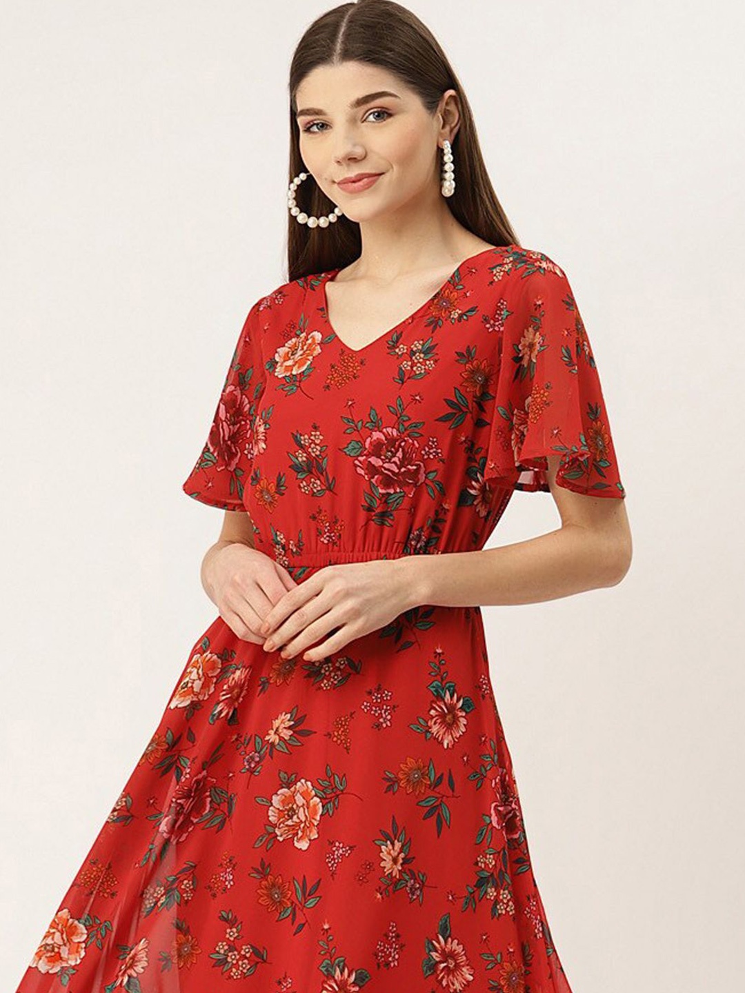 

DressBerry Floral Print Flared Sleeve Georgette A-Line Maxi Dress, Red