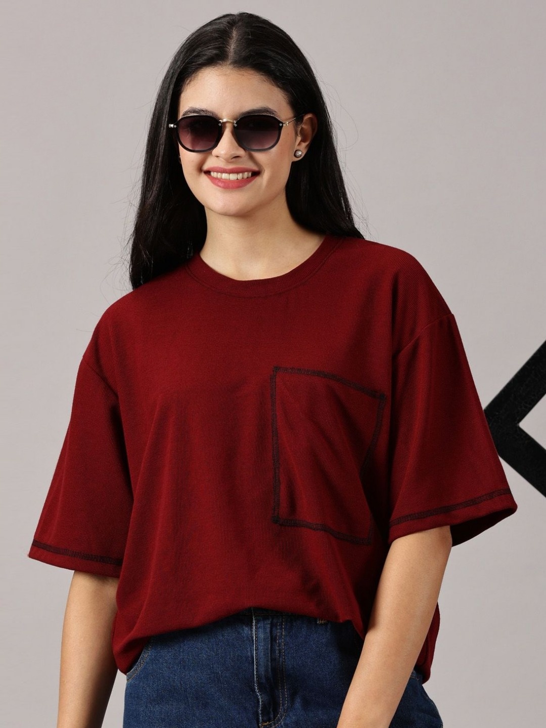 

Rodzen Women Solid Round Neck Cotton Oversized T-shirt, Maroon