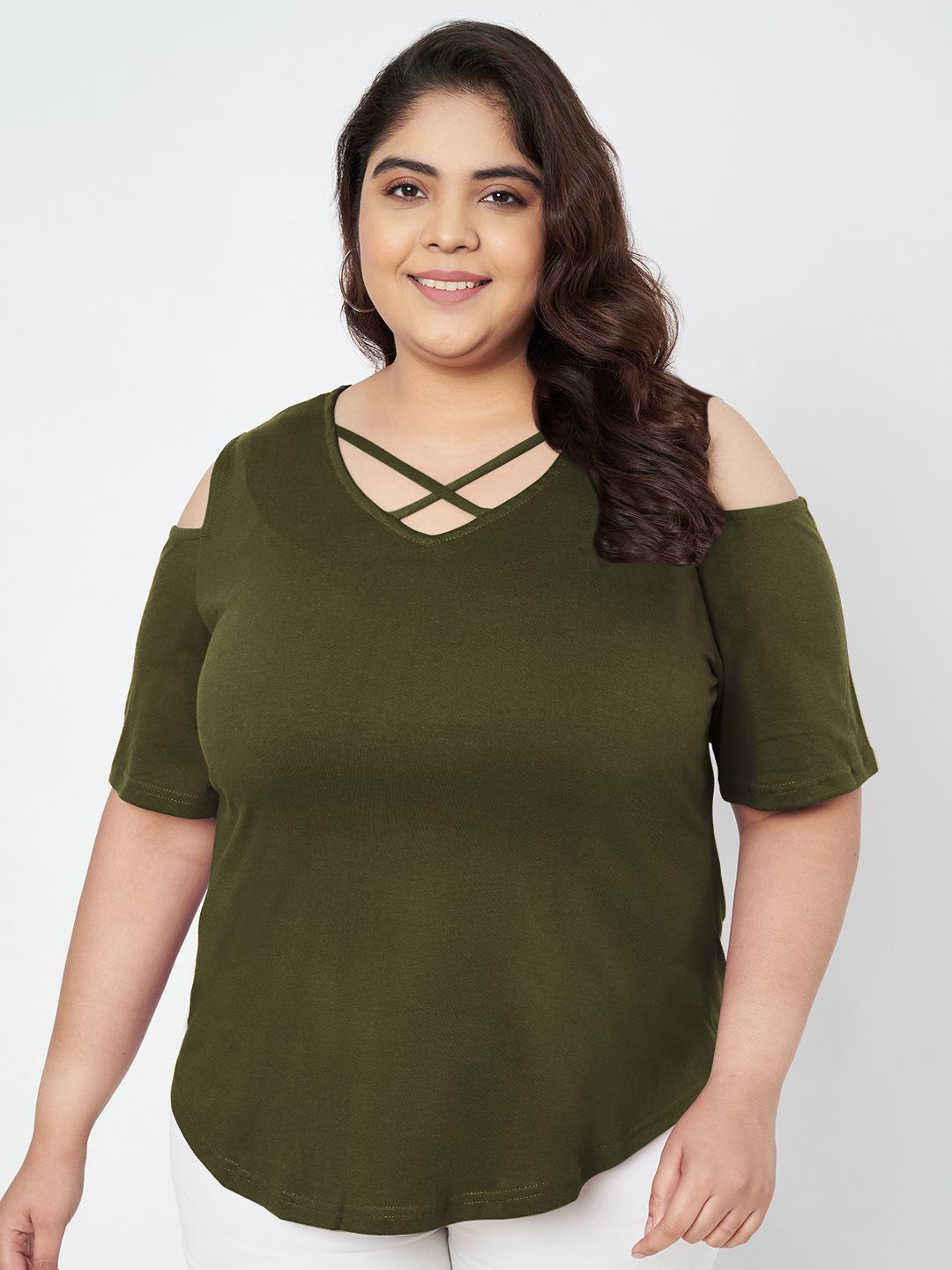 

BRINNS Women Plus Size Cut Out Detail Cotton Top, Olive