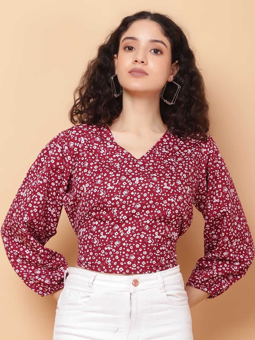 

ROSEMELON Women Floral Printed V-Neck Top, Burgundy