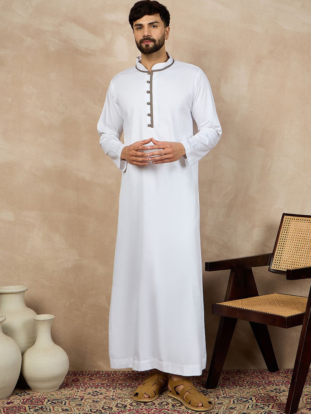 

NABIA Men Mandarin Collar Cotton A-Line Thobe kurta, White