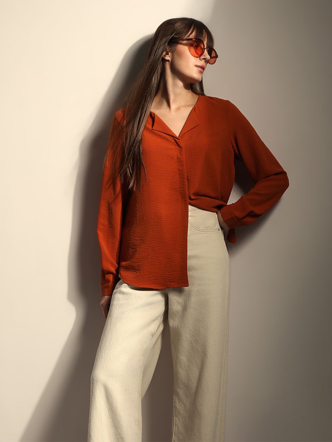 

Vero Moda Women Collarless Solid Casual Shirt, Rust