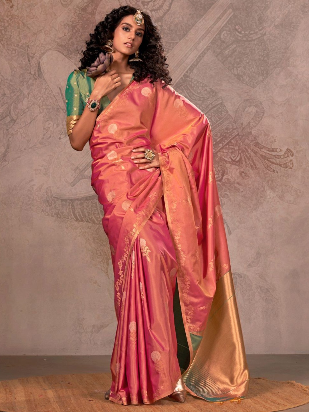

PEENGAX Woven Design Zari Silk Blend Banarasi Saree, Pink