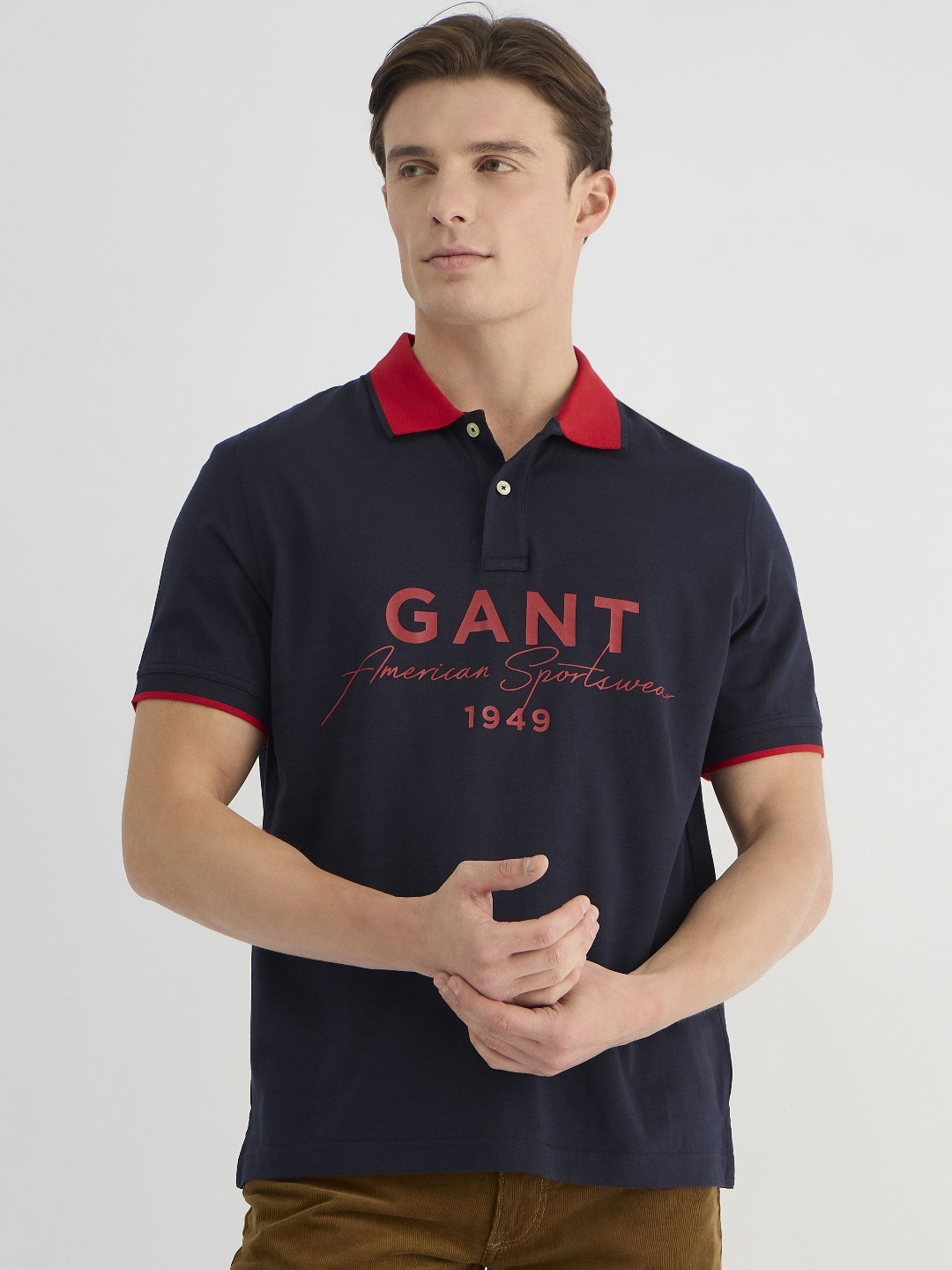 

GANT Men Typography Printed Polo Collar Pure Cotton Applique T-shirt, Blue