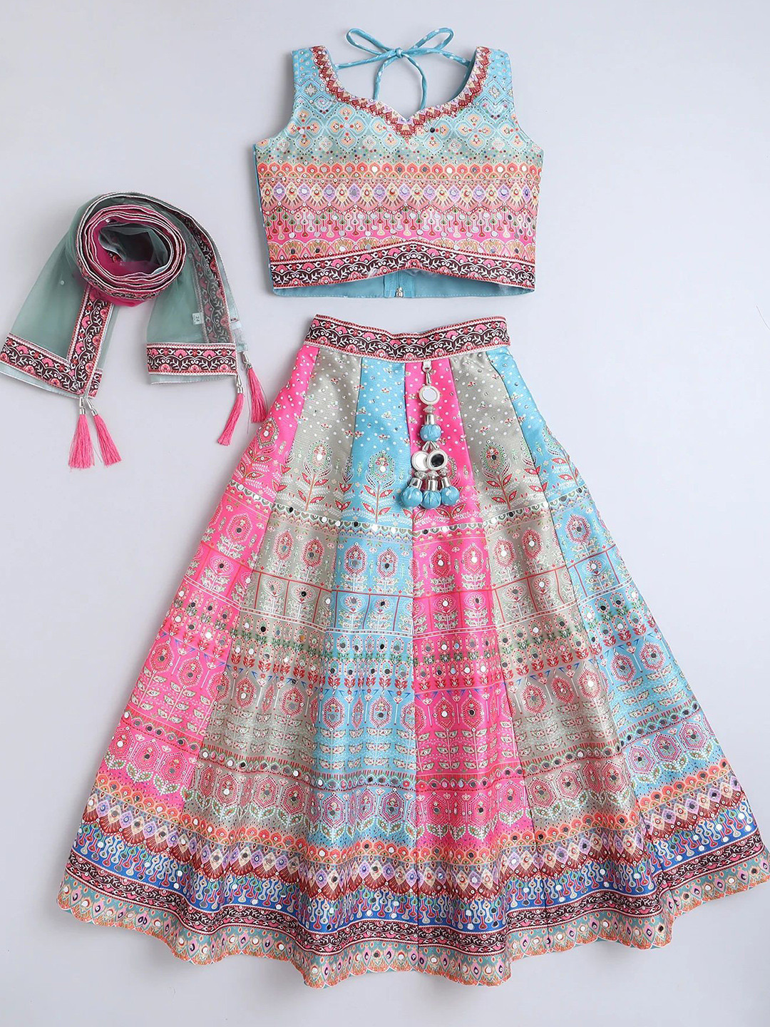 

NKV Girls Printed Mirror Work Sweetheart Neck Art Silk Lehenga With Blouse And Dupatta, Blue