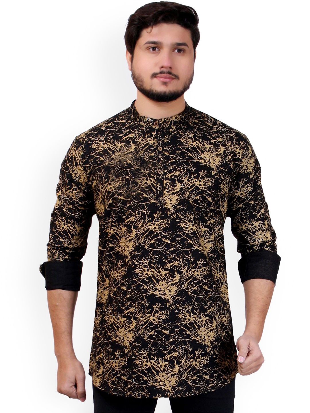 

MADE IN THE SHADE Abstract Printed Mandarin Collar Pure Cotton Kurta, Black