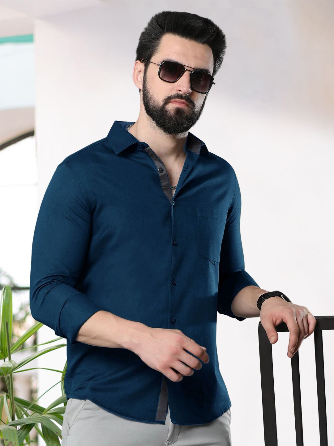 

Moda Rapido Men Standard Fit Spread Collar Solid Cotton Casual Shirt, Teal