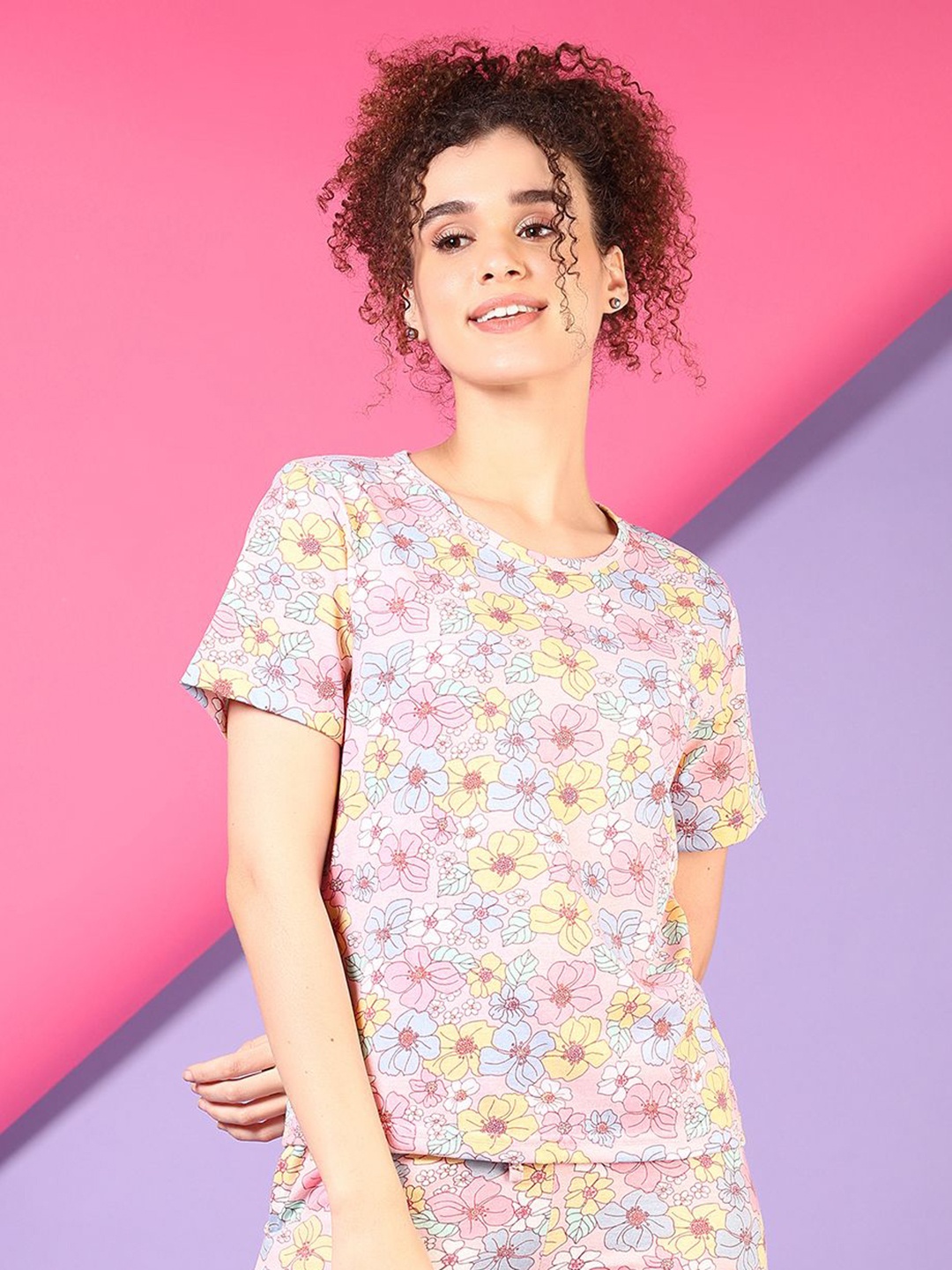 

V-Mart Women Floral Printed Round Neck Cotton T-shirt, Beige
