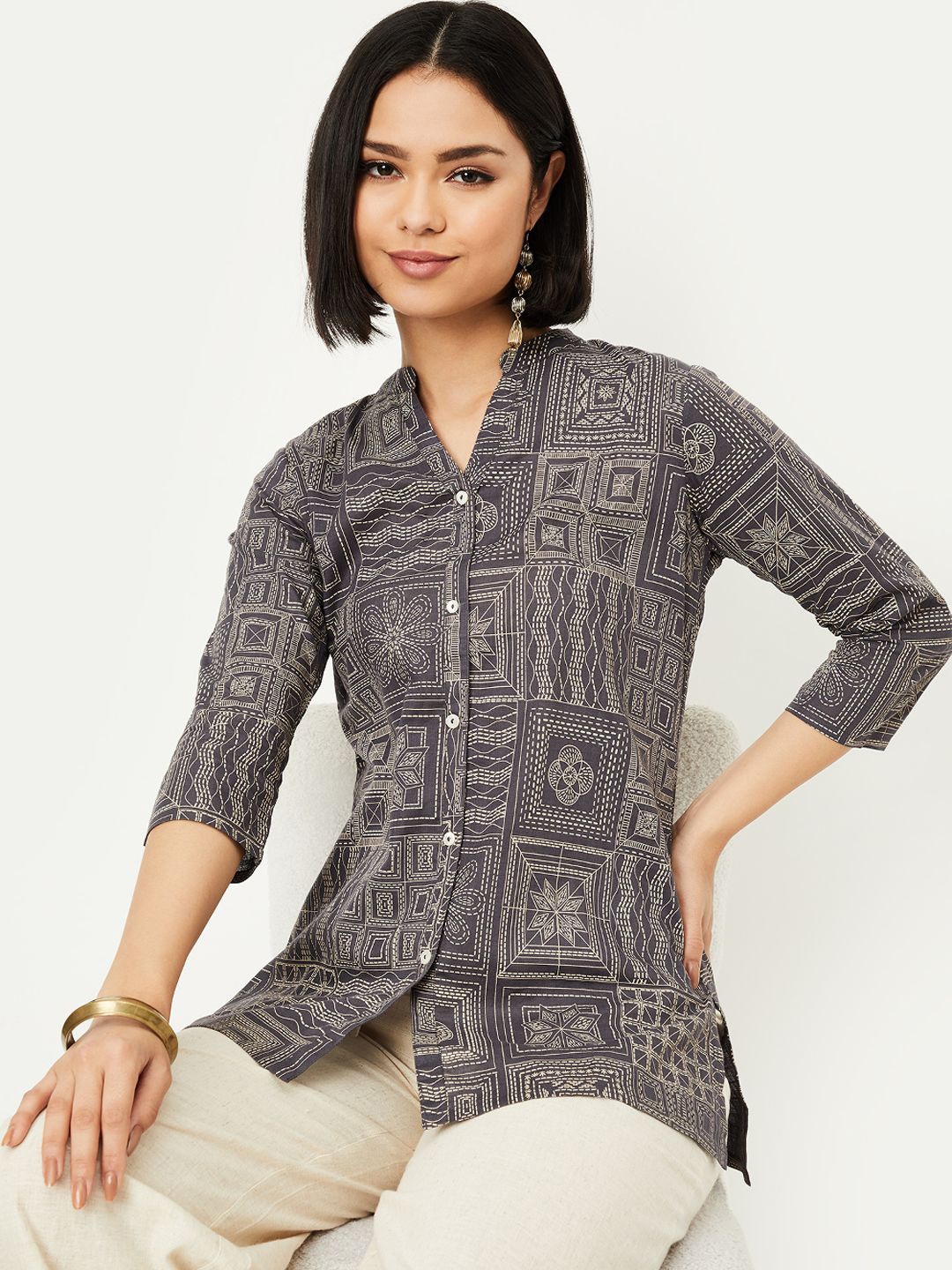 

max Mandarin Collar Printed Tunic, Grey