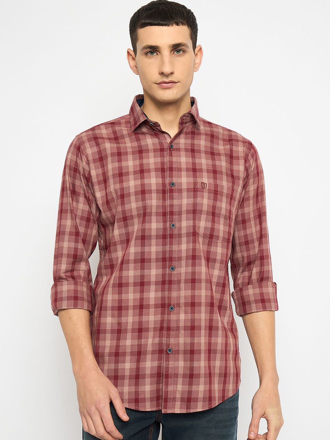 

Duke Men Spread Collar Tartan Checked Cotton Casual Shirt, Pink