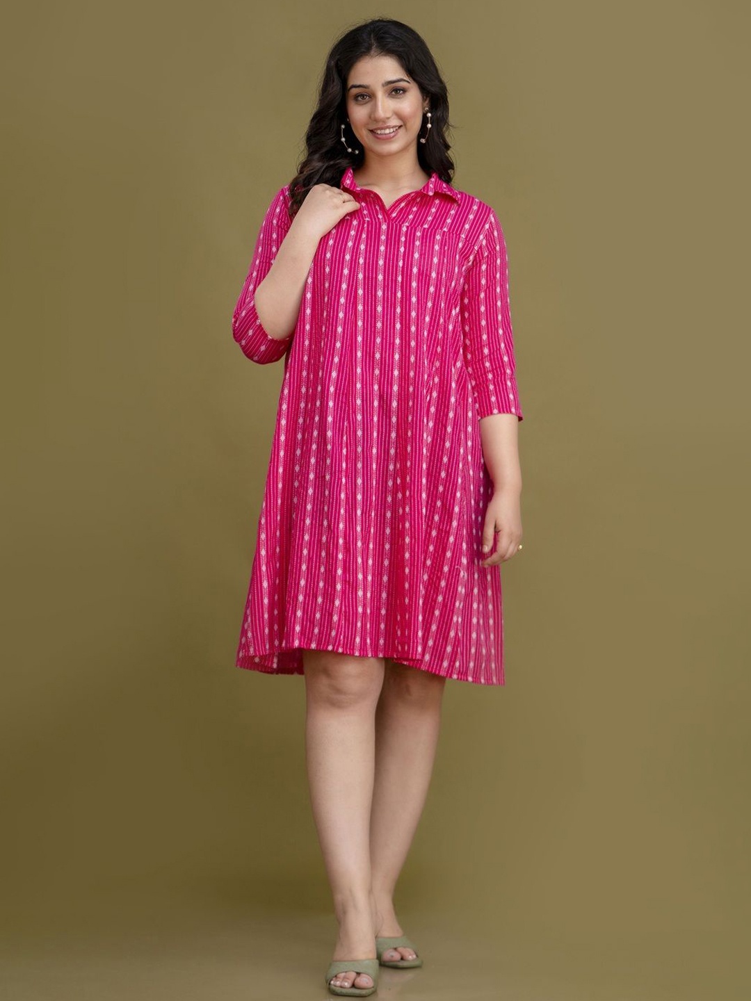 

Demirner Women Shirt Collar Cotton A-line Dress, Pink
